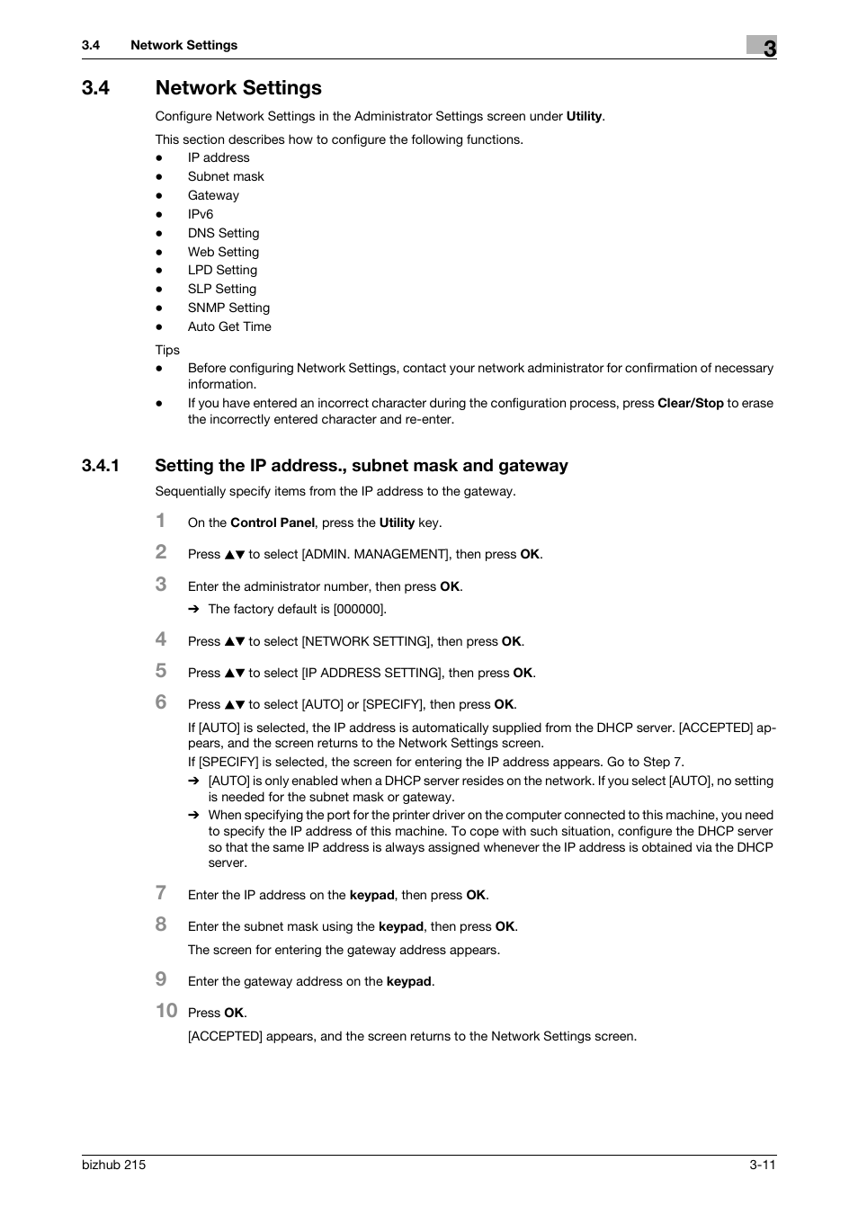 4 network settings, 1 setting the ip address., subnet mask and gateway, Network settings -11 | Konica Minolta Bizhub 215 User Manual | Page 22 / 93