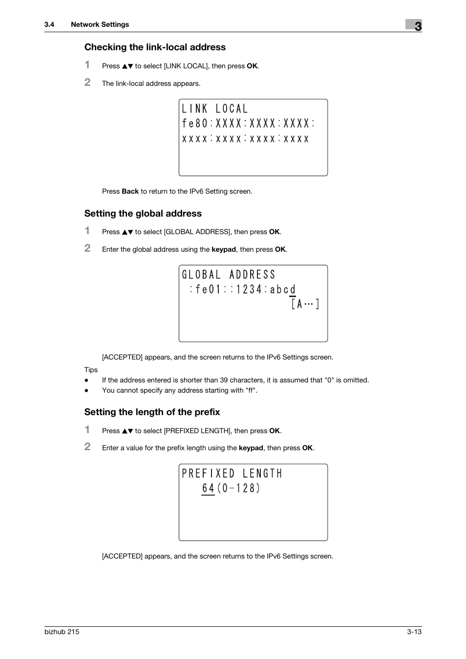 Checking the link-local address, Setting the global address, Setting the length of the prefix | Konica Minolta Bizhub 215 User Manual | Page 24 / 93