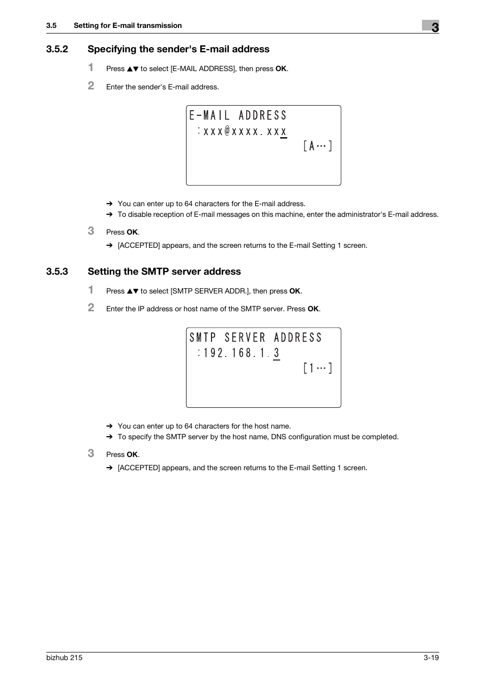 2 specifying the sender's e-mail address, 3 setting the smtp server address, Specifying the sender's e-mail address -19 | Setting the smtp server address -19 | Konica Minolta Bizhub 215 User Manual | Page 30 / 93