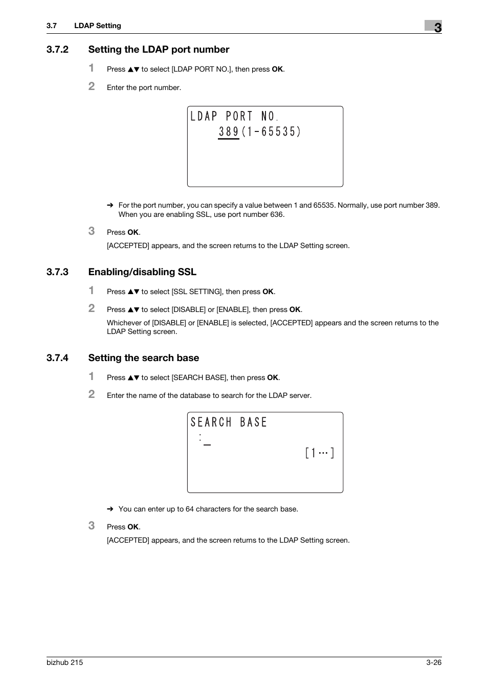 2 setting the ldap port number, 3 enabling/disabling ssl, 4 setting the search base | Setting the ldap port number -26, Enabling/disabling ssl -26, Setting the search base -26 | Konica Minolta Bizhub 215 User Manual | Page 37 / 93