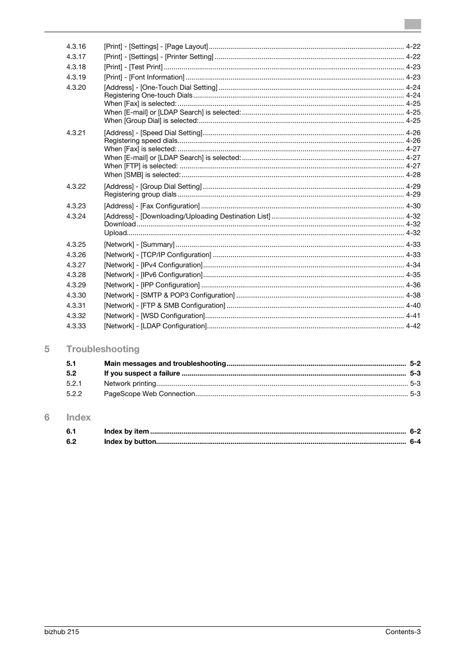 5troubleshooting, 6index | Konica Minolta Bizhub 215 User Manual | Page 4 / 93
