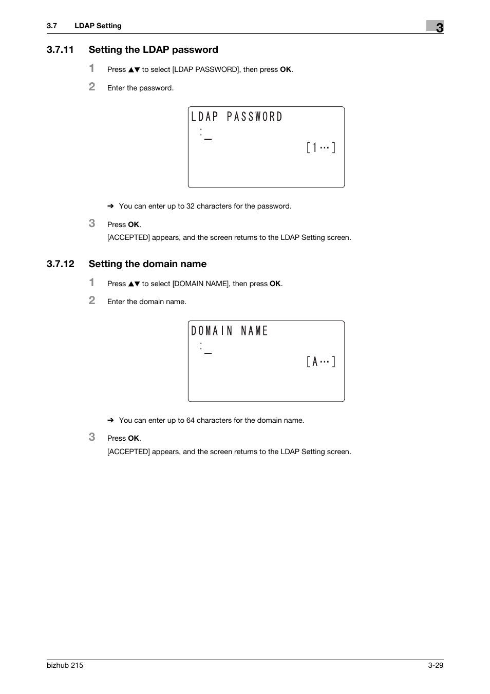 11 setting the ldap password, 12 setting the domain name, Setting the ldap password -29 | Setting the domain name -29 | Konica Minolta Bizhub 215 User Manual | Page 40 / 93