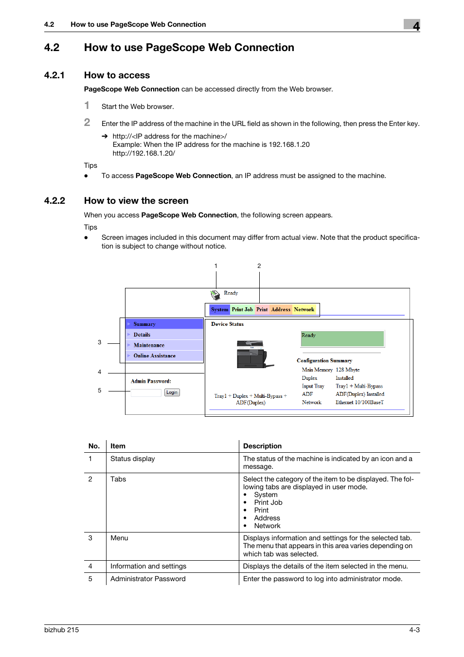 1 how to access, 2 how to view the screen, How to access -3 | How to view the screen -3, 2 how to use pagescope web connection | Konica Minolta Bizhub 215 User Manual | Page 43 / 93