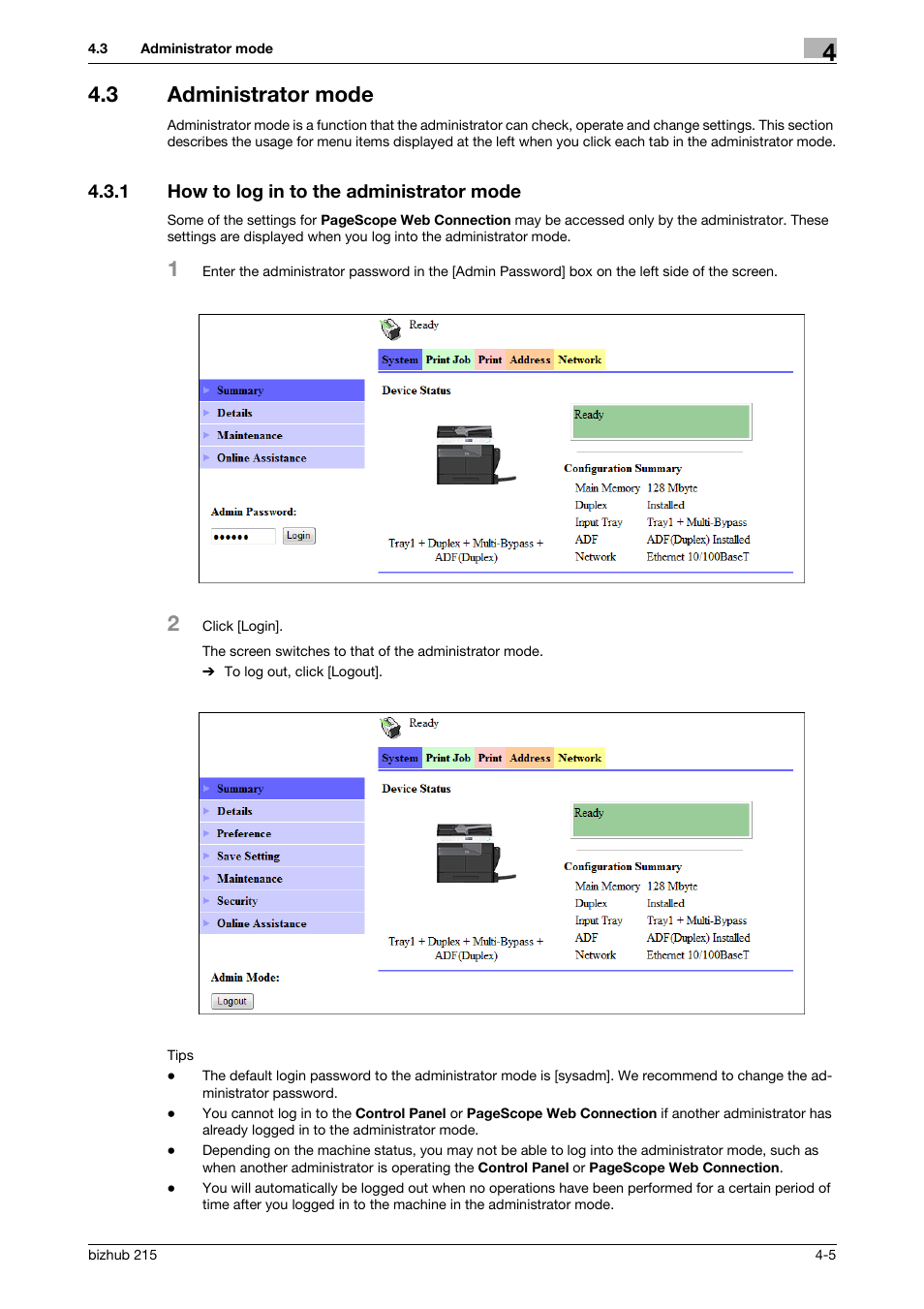 3 administrator mode, 1 how to log in to the administrator mode, Administrator mode -5 | How to log in to the administrator mode -5 | Konica Minolta Bizhub 215 User Manual | Page 45 / 93
