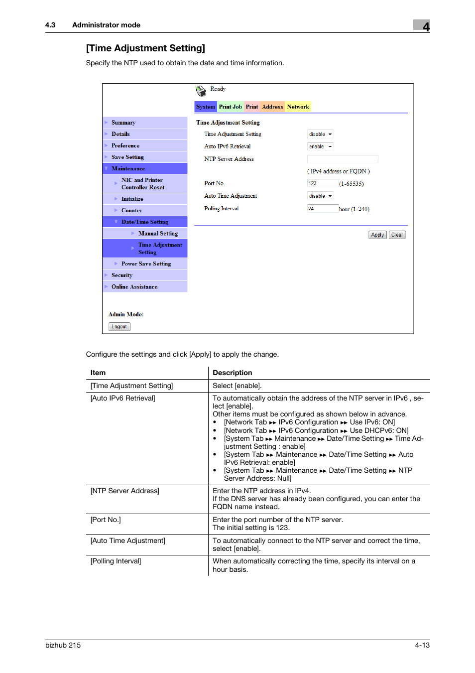 Time adjustment setting, Time adjustment setting] -13 | Konica Minolta Bizhub 215 User Manual | Page 53 / 93