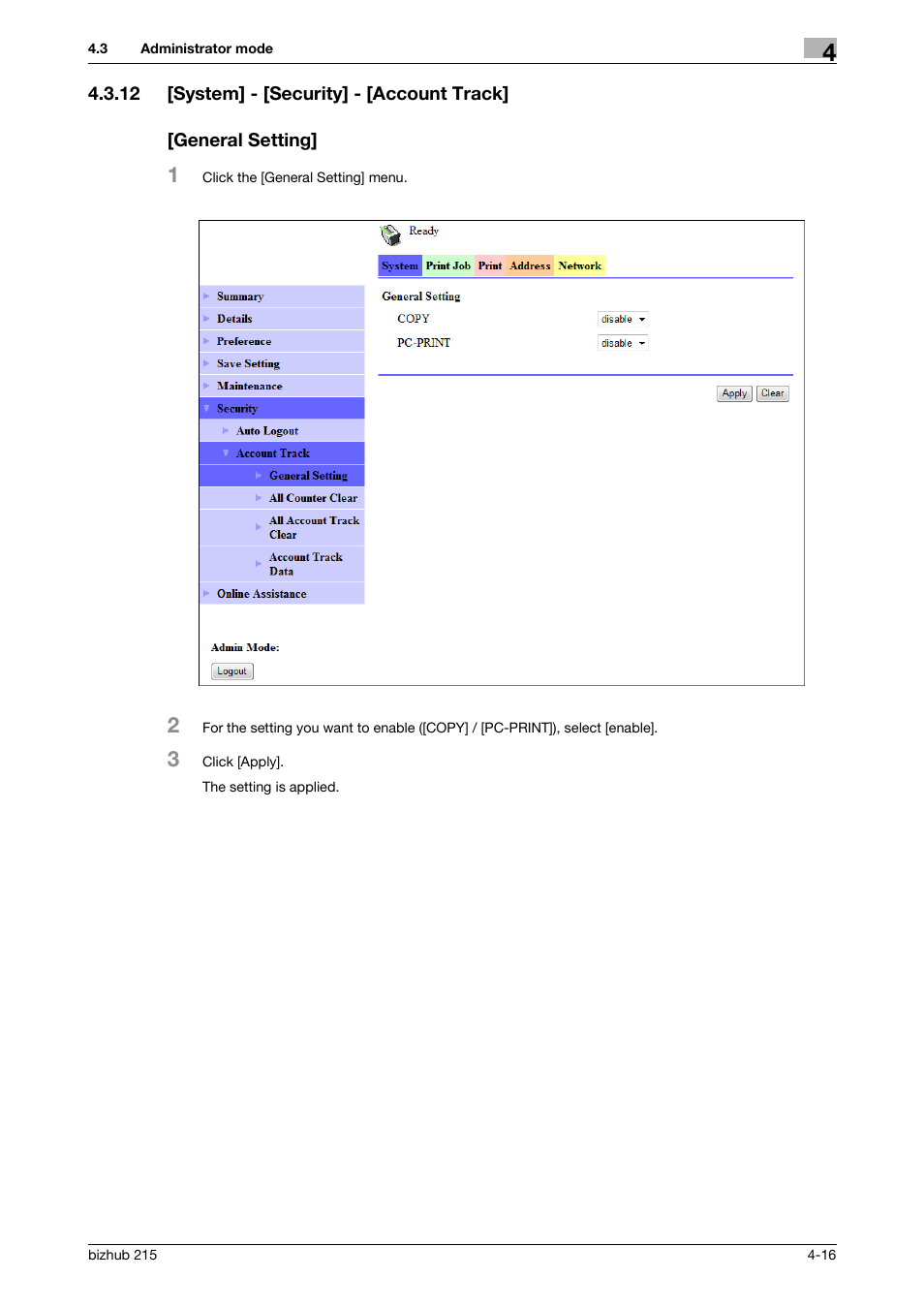 12 [system] - [security] - [account track, General setting | Konica Minolta Bizhub 215 User Manual | Page 56 / 93