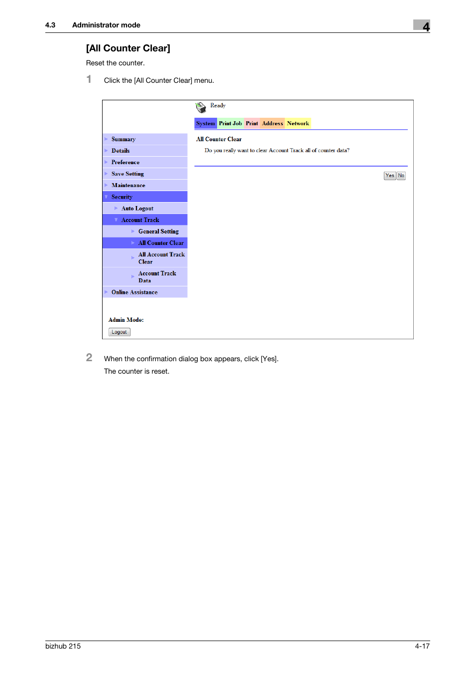 All counter clear, All counter clear] -17 | Konica Minolta Bizhub 215 User Manual | Page 57 / 93