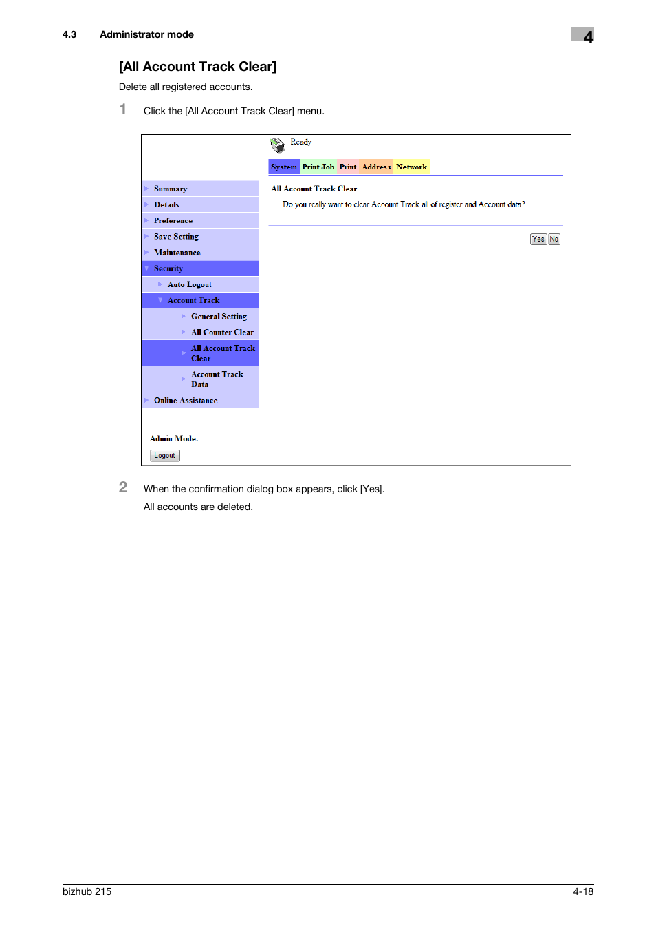 All account track clear, All account track clear] -18 | Konica Minolta Bizhub 215 User Manual | Page 58 / 93