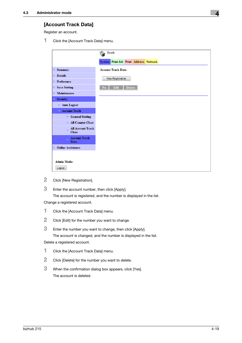 Account track data, Account track data] -19 | Konica Minolta Bizhub 215 User Manual | Page 59 / 93