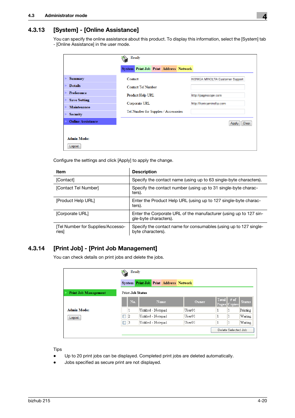13 [system] - [online assistance, 14 [print job] - [print job management, System] - [online assistance] -20 | Print job] - [print job management] -20 | Konica Minolta Bizhub 215 User Manual | Page 60 / 93