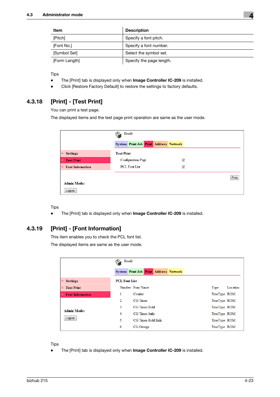 18 [print] - [test print, 19 [print] - [font information, Print] - [test print] -23 | Print] - [font information] -23 | Konica Minolta Bizhub 215 User Manual | Page 63 / 93