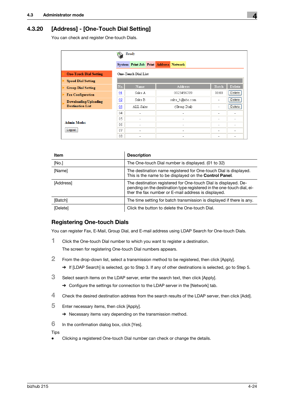 20 [address] - [one-touch dial setting, Registering one-touch dials | Konica Minolta Bizhub 215 User Manual | Page 64 / 93