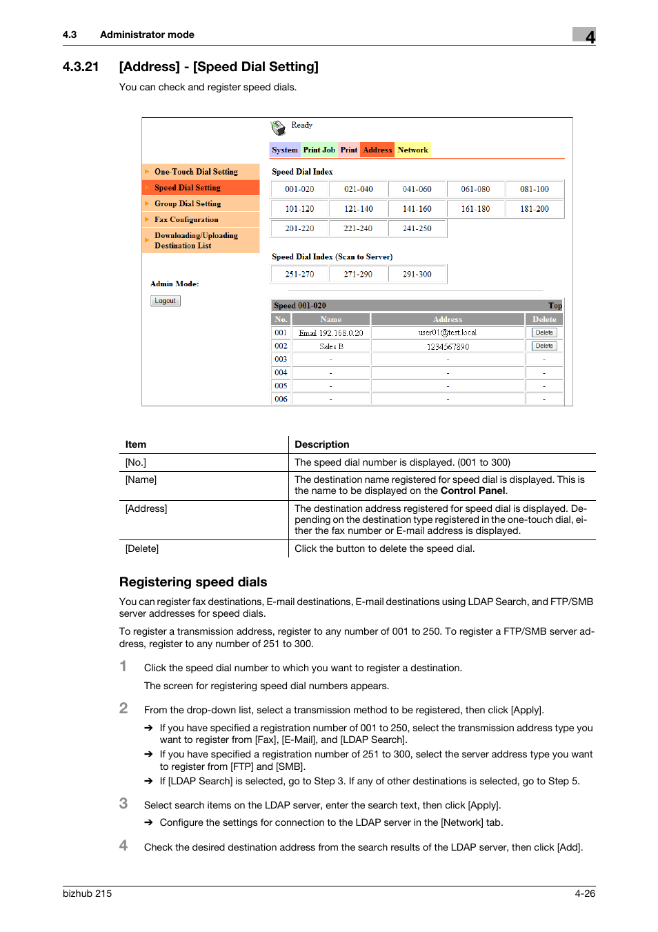 21 [address] - [speed dial setting, Registering speed dials | Konica Minolta Bizhub 215 User Manual | Page 66 / 93