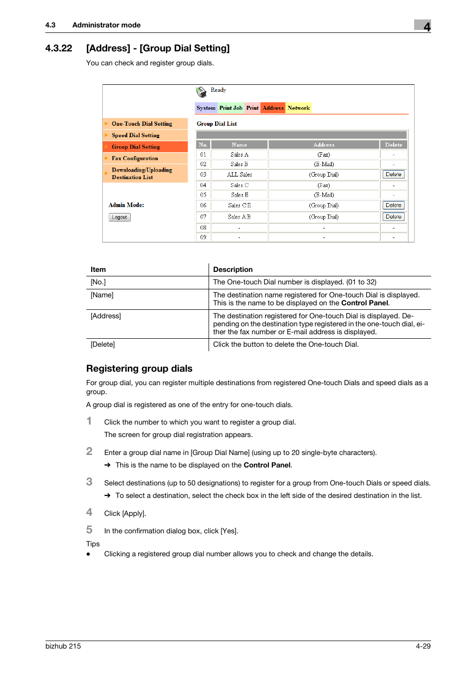 22 [address] - [group dial setting, Registering group dials | Konica Minolta Bizhub 215 User Manual | Page 69 / 93