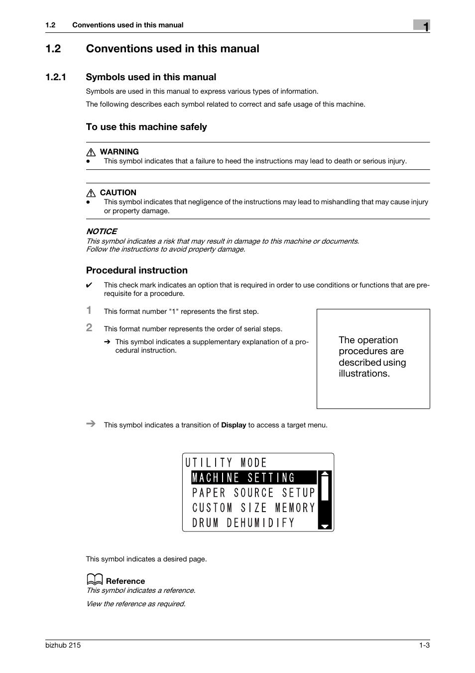 2 conventions used in this manual, 1 symbols used in this manual, To use this machine safely | Procedural instruction, Conventions used in this manual -3 | Konica Minolta Bizhub 215 User Manual | Page 7 / 93
