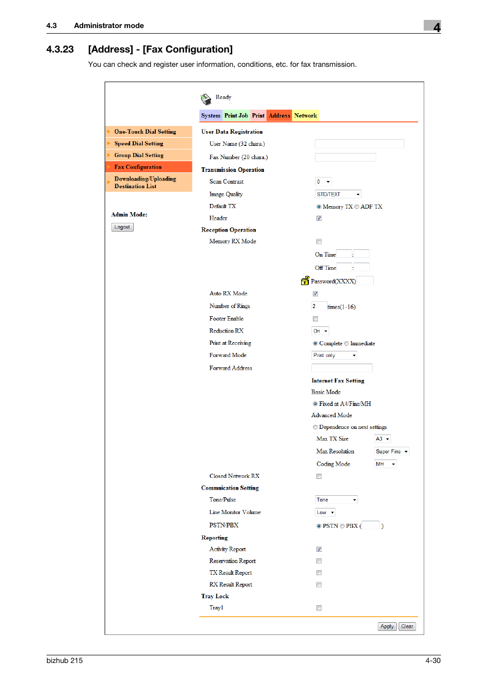 23 [address] - [fax configuration, Address] - [fax configuration] -30 | Konica Minolta Bizhub 215 User Manual | Page 70 / 93