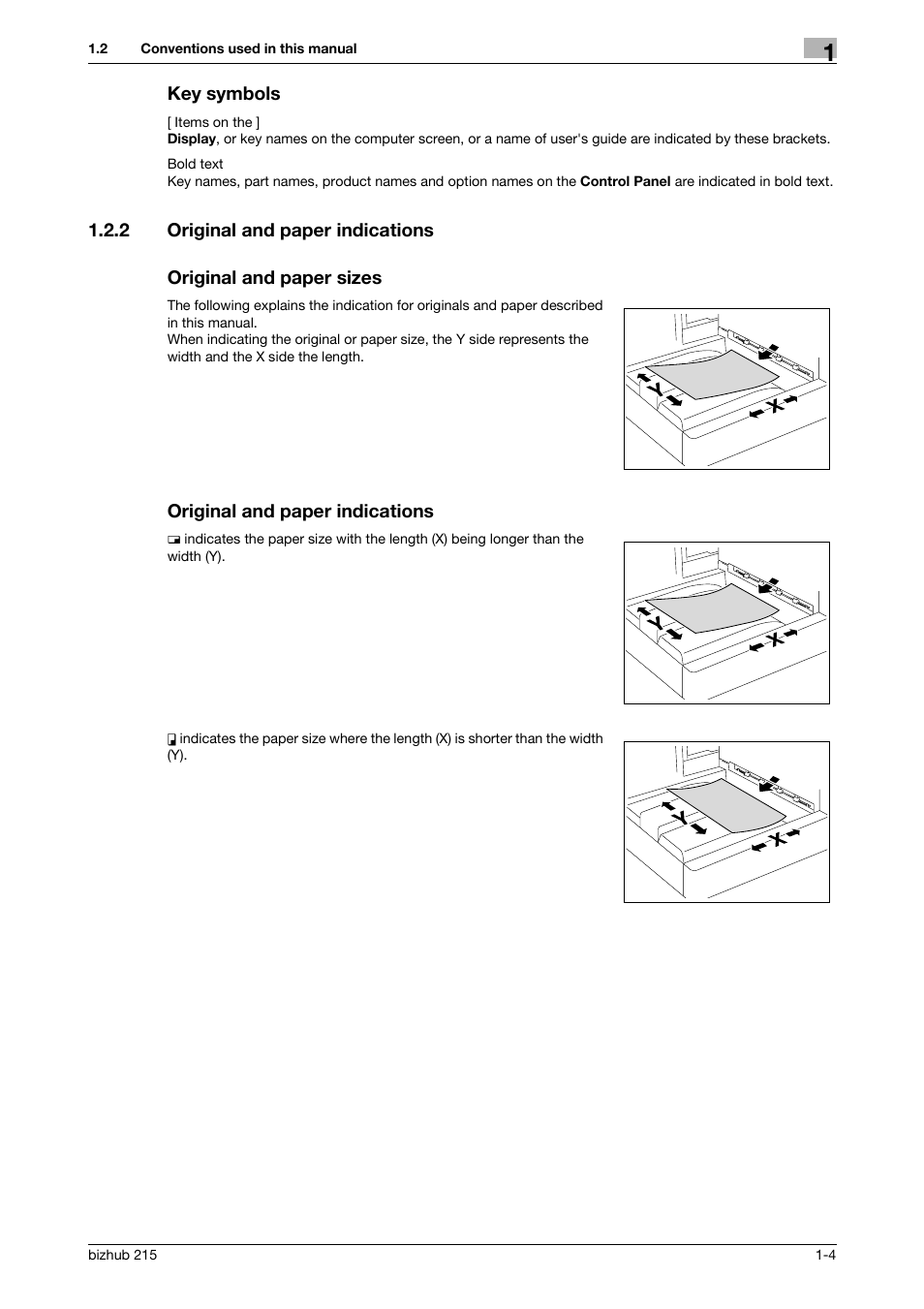 Key symbols, 2 original and paper indications, Original and paper sizes | Original and paper indications, Key symbols -4 | Konica Minolta Bizhub 215 User Manual | Page 8 / 93