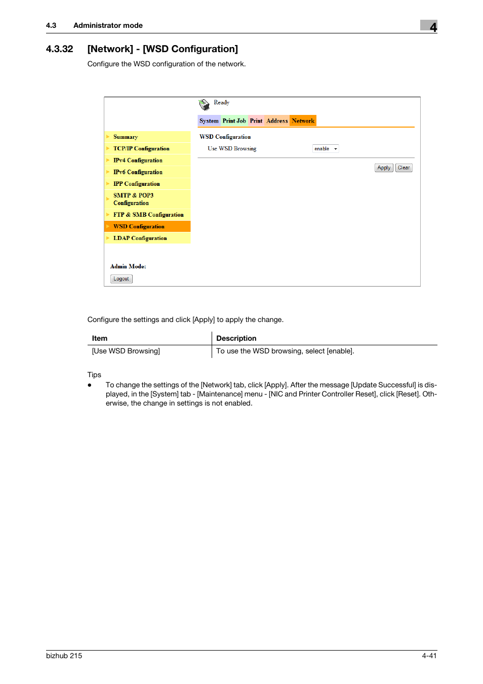 32 [network] - [wsd configuration, Network] - [wsd configuration] -41 | Konica Minolta Bizhub 215 User Manual | Page 81 / 93