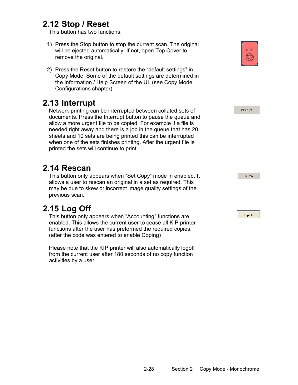 12 stop / reset, 13 interrupt, 14 rescan | 15 log off | Konica Minolta KIP 2100 Scanner User Manual | Page 56 / 153
