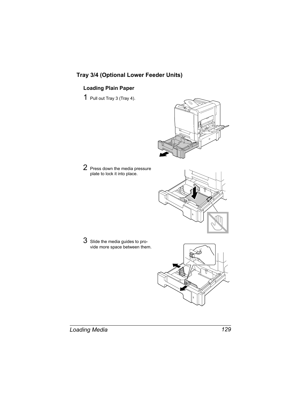 Tray 3/4 (optional lower feeder units), Loading plain paper, Tray 3/4 (optional lower feeder units) 129 | Loading plain paper 129 | Konica Minolta bizhub C31P User Manual | Page 143 / 282