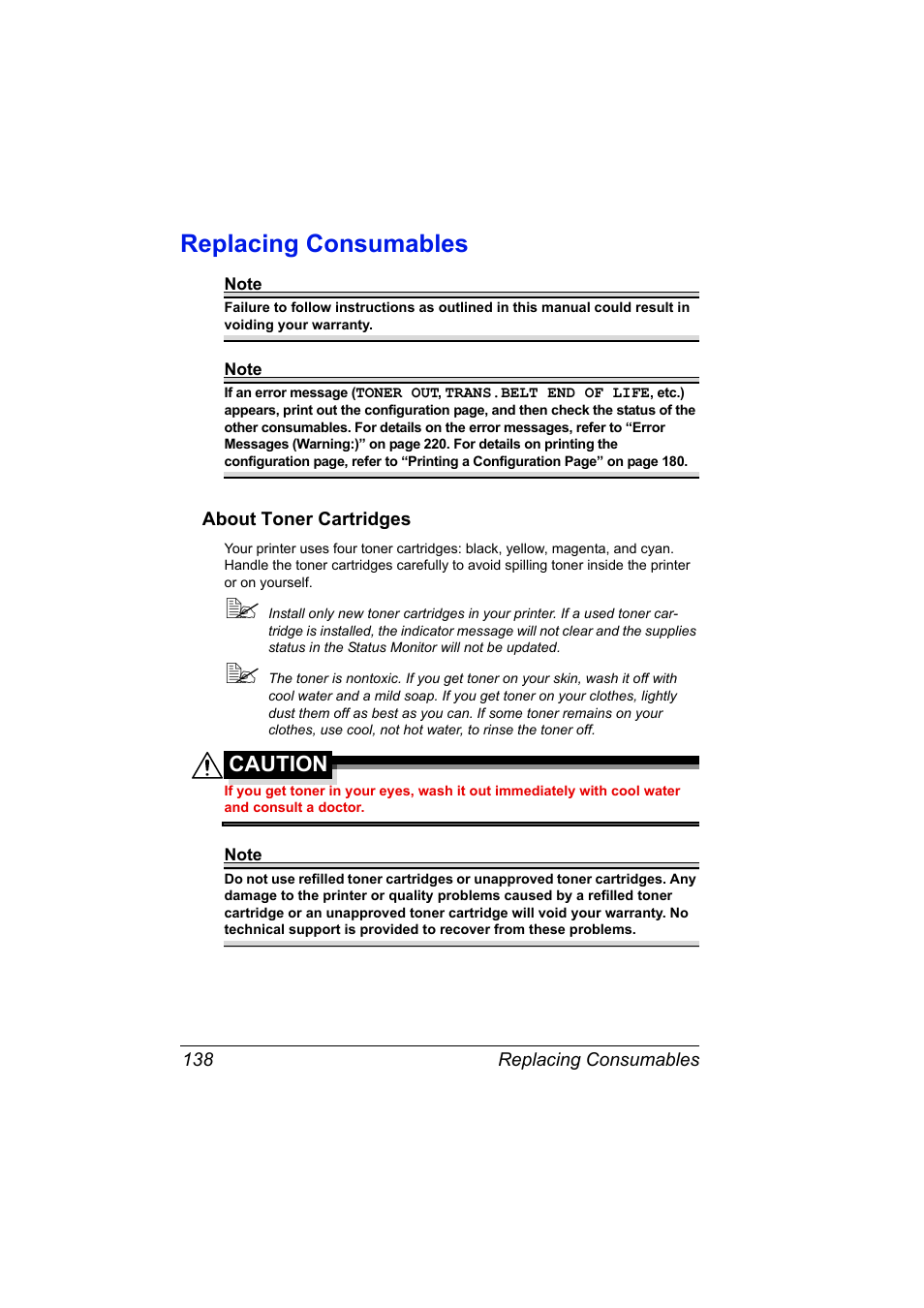 Replacing consumables, About toner cartridges, Replacing consumables 138 | About toner cartridges 138, Caution | Konica Minolta bizhub C31P User Manual | Page 152 / 282