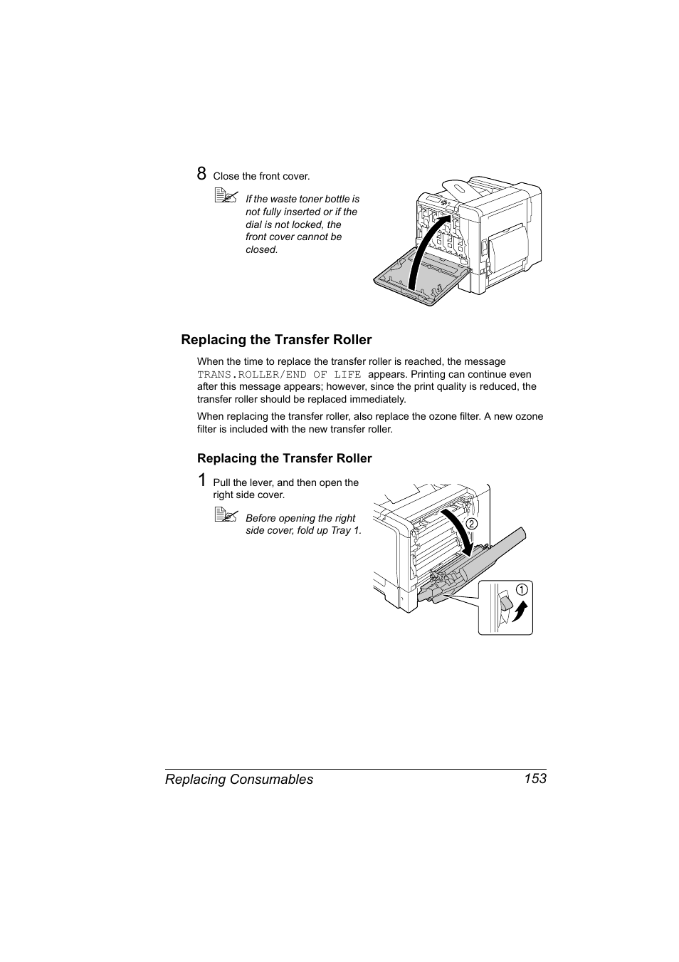 Replacing the transfer roller, Replacing the transfer roller 153 | Konica Minolta bizhub C31P User Manual | Page 167 / 282
