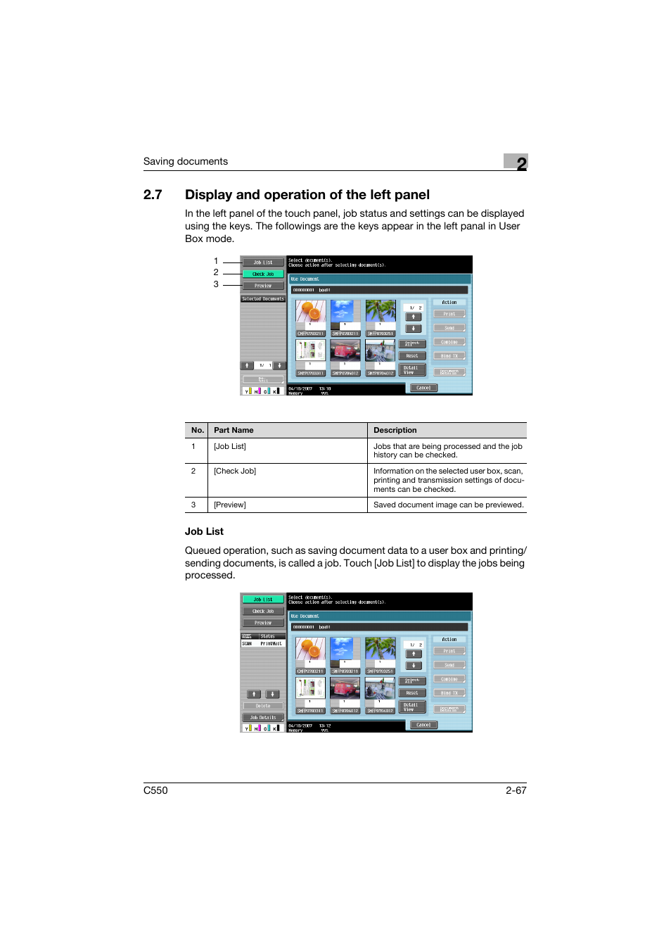 7 display and operation of the left panel, Job list, Display and operation of the left panel -67 | Job list -67 | Konica Minolta bizhub C550 User Manual | Page 103 / 359