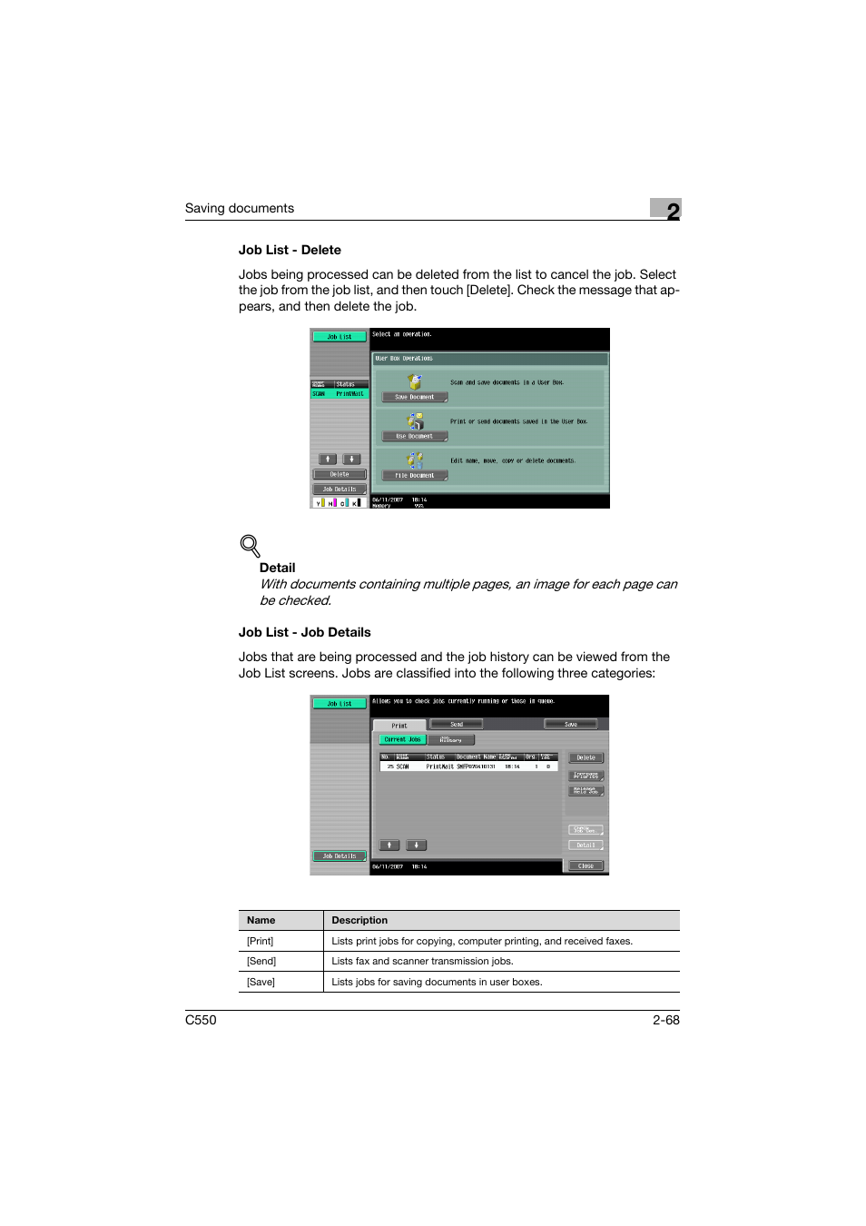 Job list - delete, Job list - job details, Job list - delete -68 job list - job details -68 | Konica Minolta bizhub C550 User Manual | Page 104 / 359