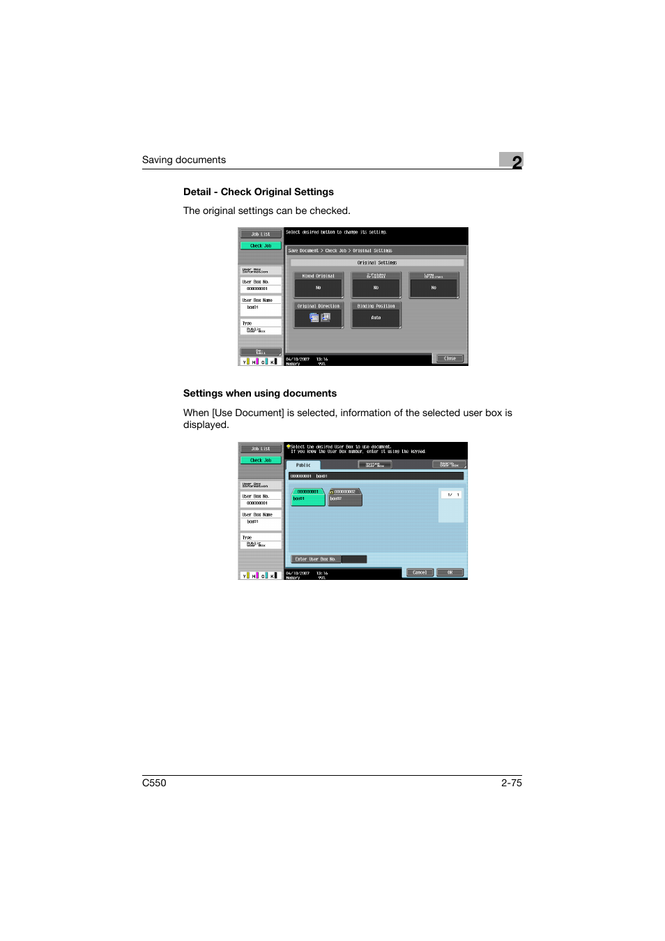 Detail - check original settings, Settings when using documents | Konica Minolta bizhub C550 User Manual | Page 111 / 359