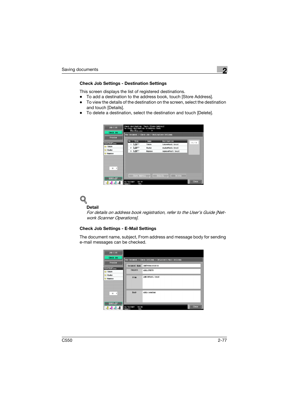 Check job settings - destination settings, Check job settings - e-mail settings | Konica Minolta bizhub C550 User Manual | Page 113 / 359