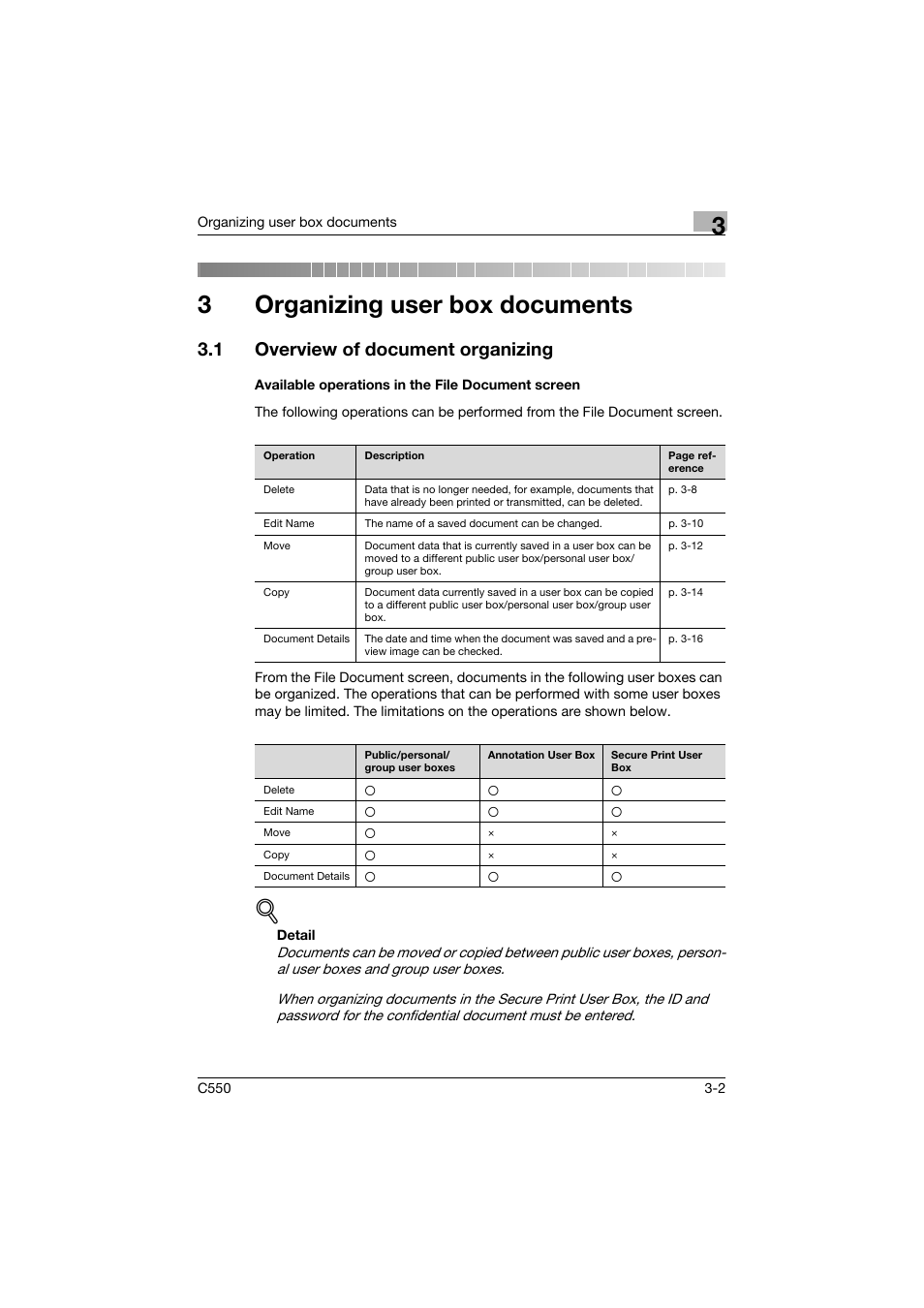 3 organizing user box documents, 1 overview of document organizing, Available operations in the file document screen | Organizing user box documents, Overview of document organizing -2, 3organizing user box documents | Konica Minolta bizhub C550 User Manual | Page 119 / 359