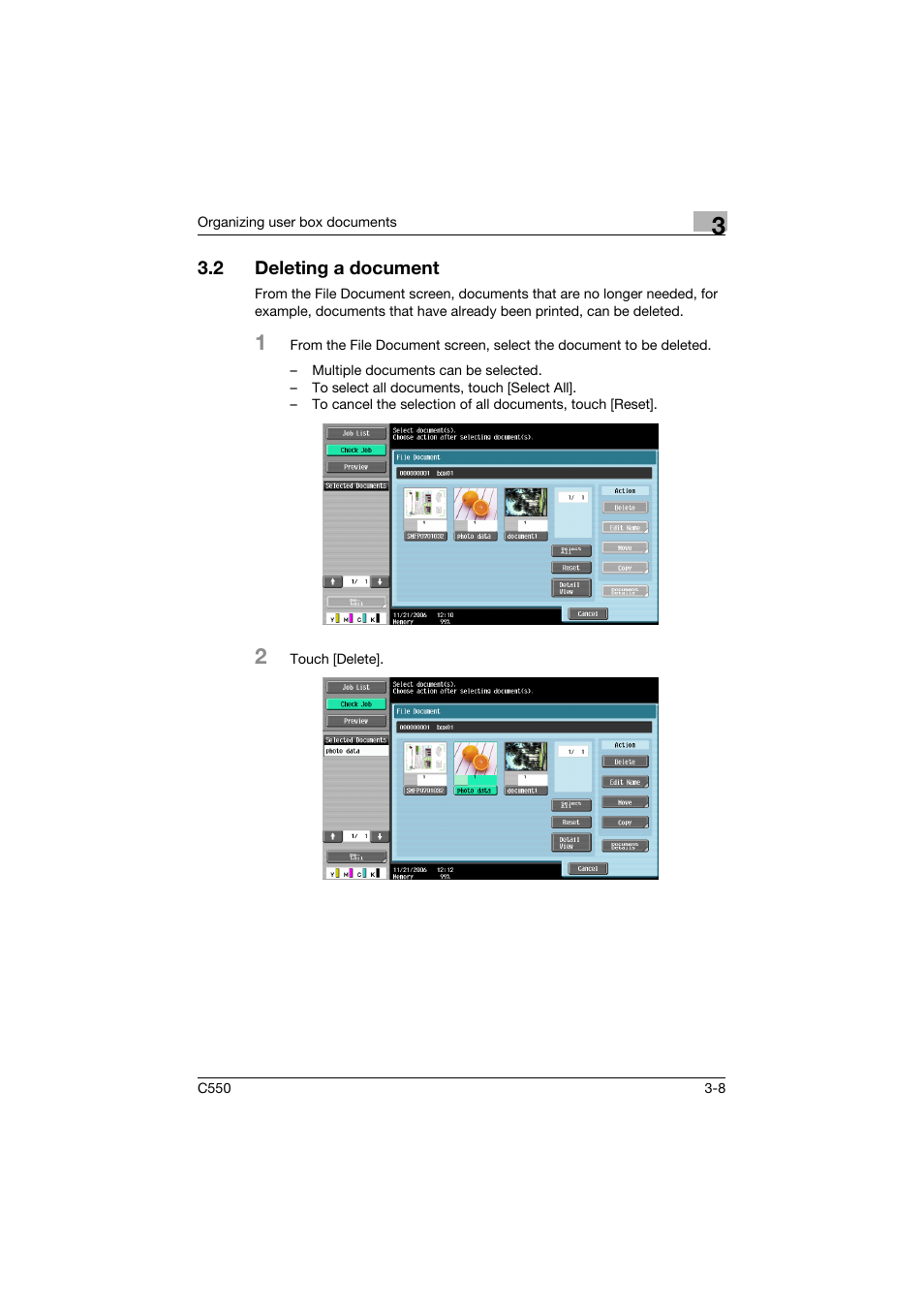 2 deleting a document, Deleting a document -8, P. 3-8 | Konica Minolta bizhub C550 User Manual | Page 125 / 359