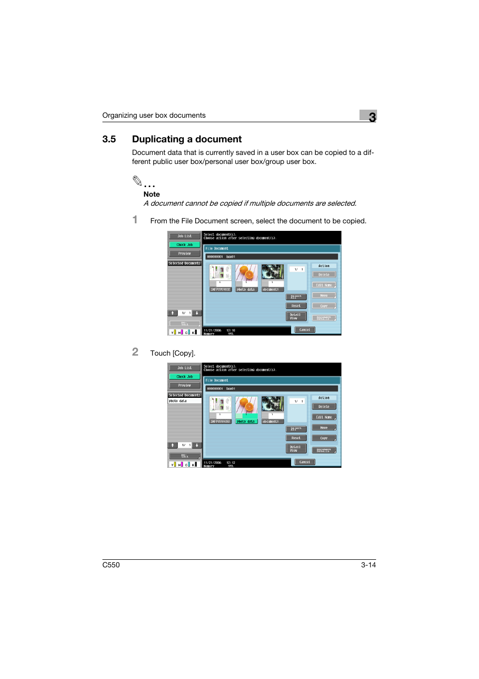 5 duplicating a document, Duplicating a document -14, P. 3-14 | Konica Minolta bizhub C550 User Manual | Page 131 / 359