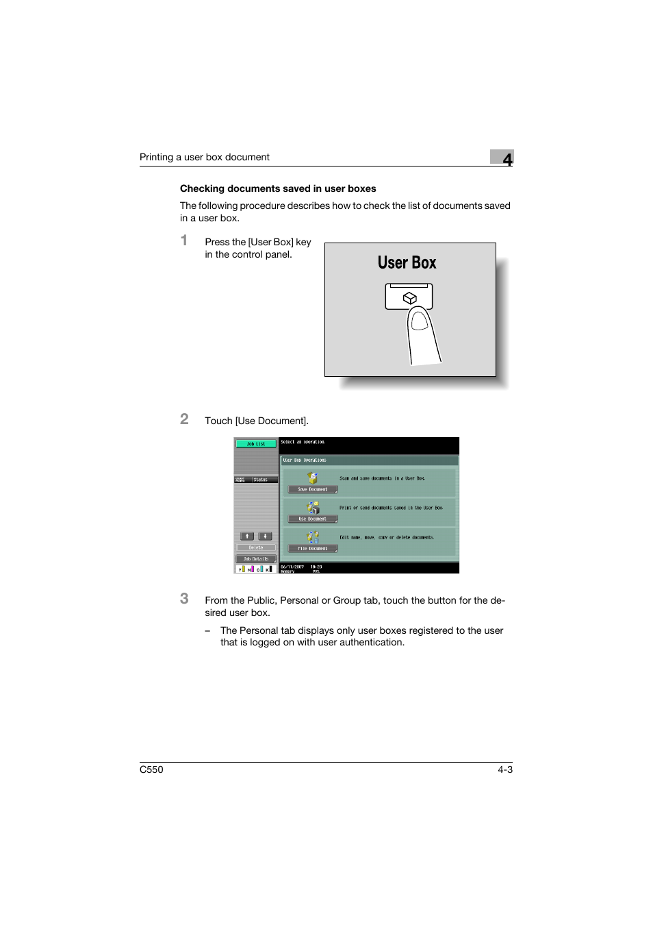 Checking documents saved in user boxes, Checking documents saved in user boxes -3 | Konica Minolta bizhub C550 User Manual | Page 140 / 359