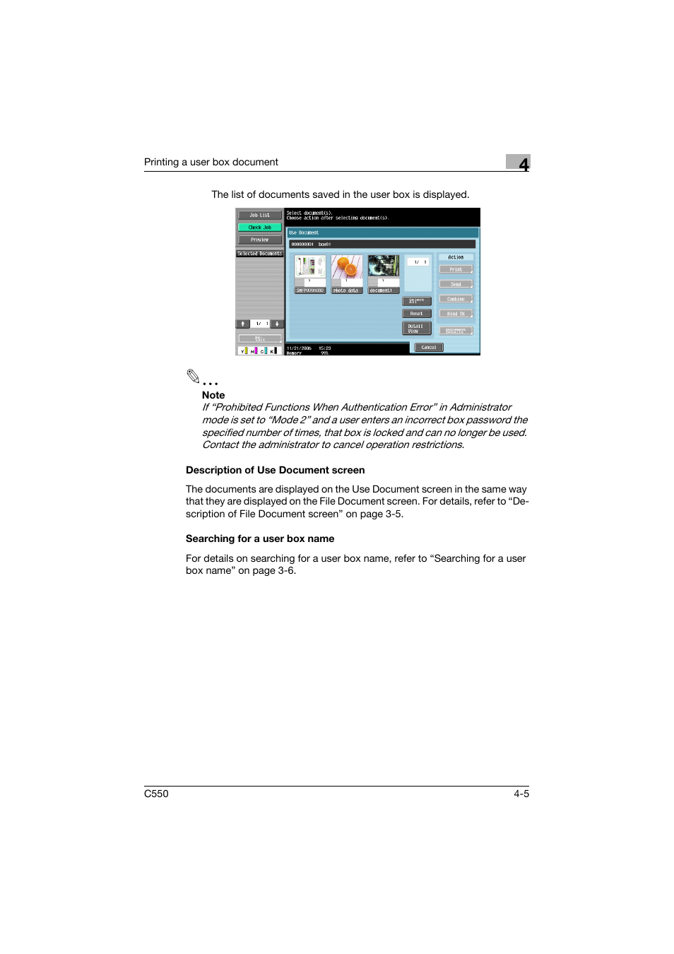 Description of use document screen, Searching for a user box name | Konica Minolta bizhub C550 User Manual | Page 142 / 359