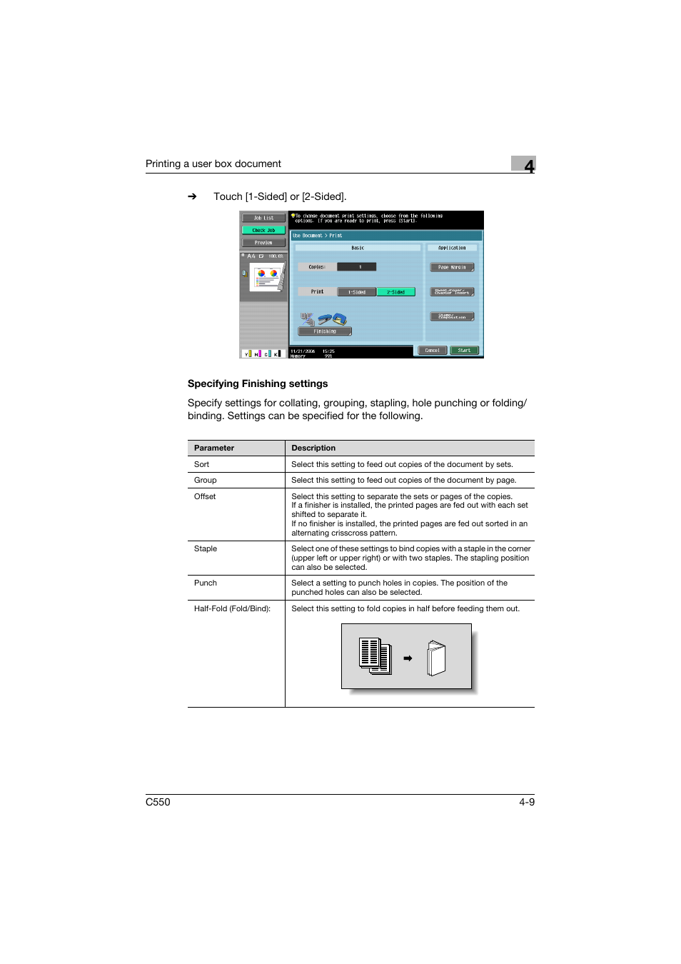 Specifying finishing settings, Specifying finishing settings -9, P. 4-9 | Konica Minolta bizhub C550 User Manual | Page 146 / 359
