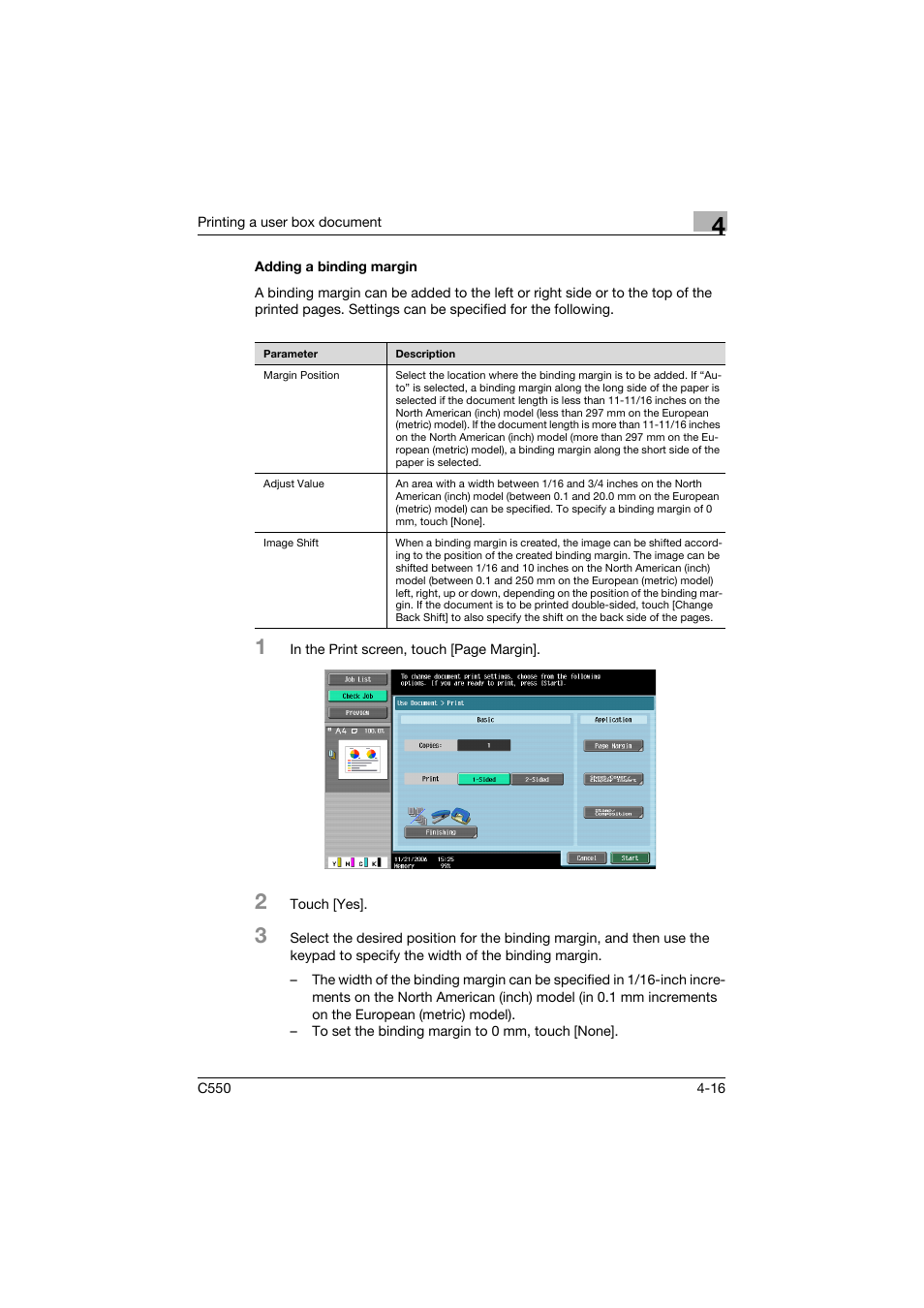 Adding a binding margin, Adding a binding margin -16, P. 4-16 | Konica Minolta bizhub C550 User Manual | Page 153 / 359