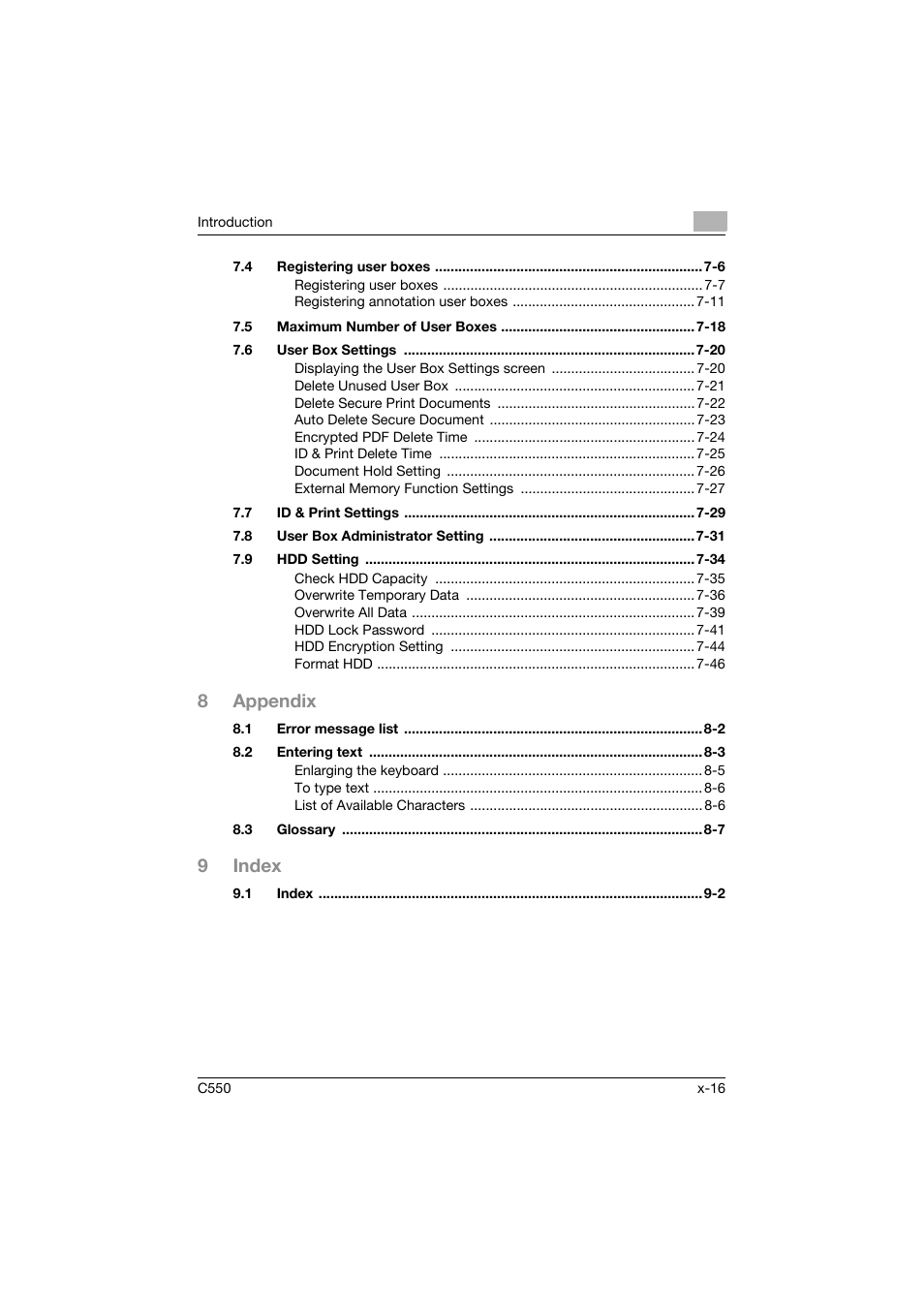 8appendix, 9index | Konica Minolta bizhub C550 User Manual | Page 17 / 359