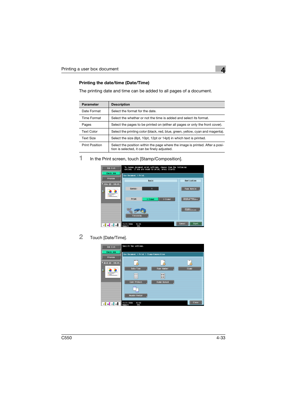 Printing the date/time (date/time), Printing the date/time (date/time) -33, P. 4-33 | Konica Minolta bizhub C550 User Manual | Page 170 / 359