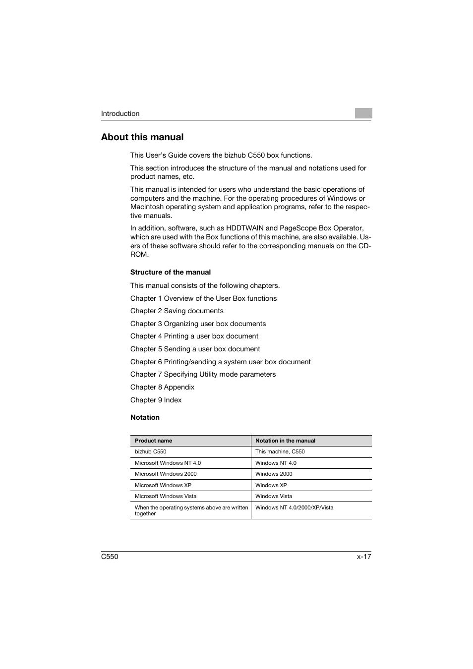 About this manual, Structure of the manual, Notation | Konica Minolta bizhub C550 User Manual | Page 18 / 359