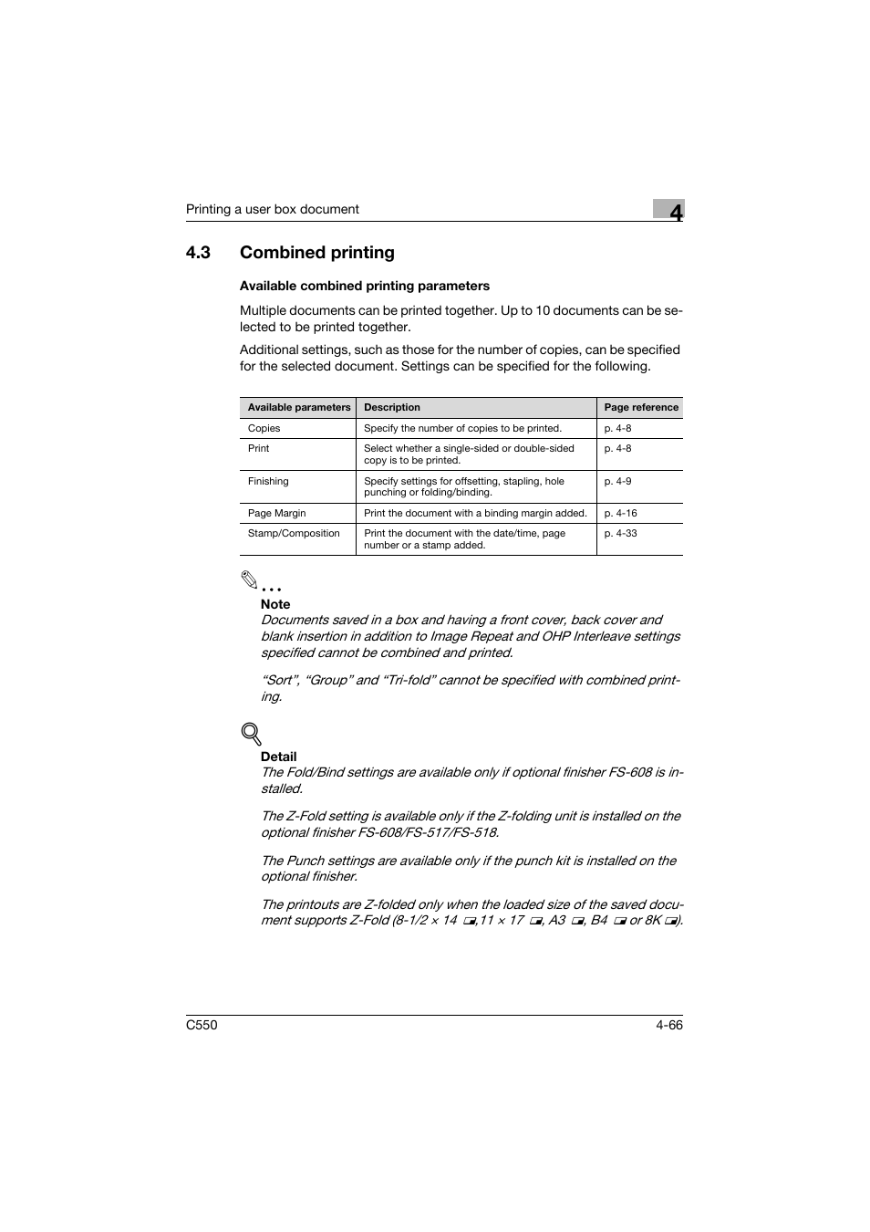 3 combined printing, Available combined printing parameters, Combined printing -66 | Available combined printing parameters -66, P. 4-66 | Konica Minolta bizhub C550 User Manual | Page 203 / 359