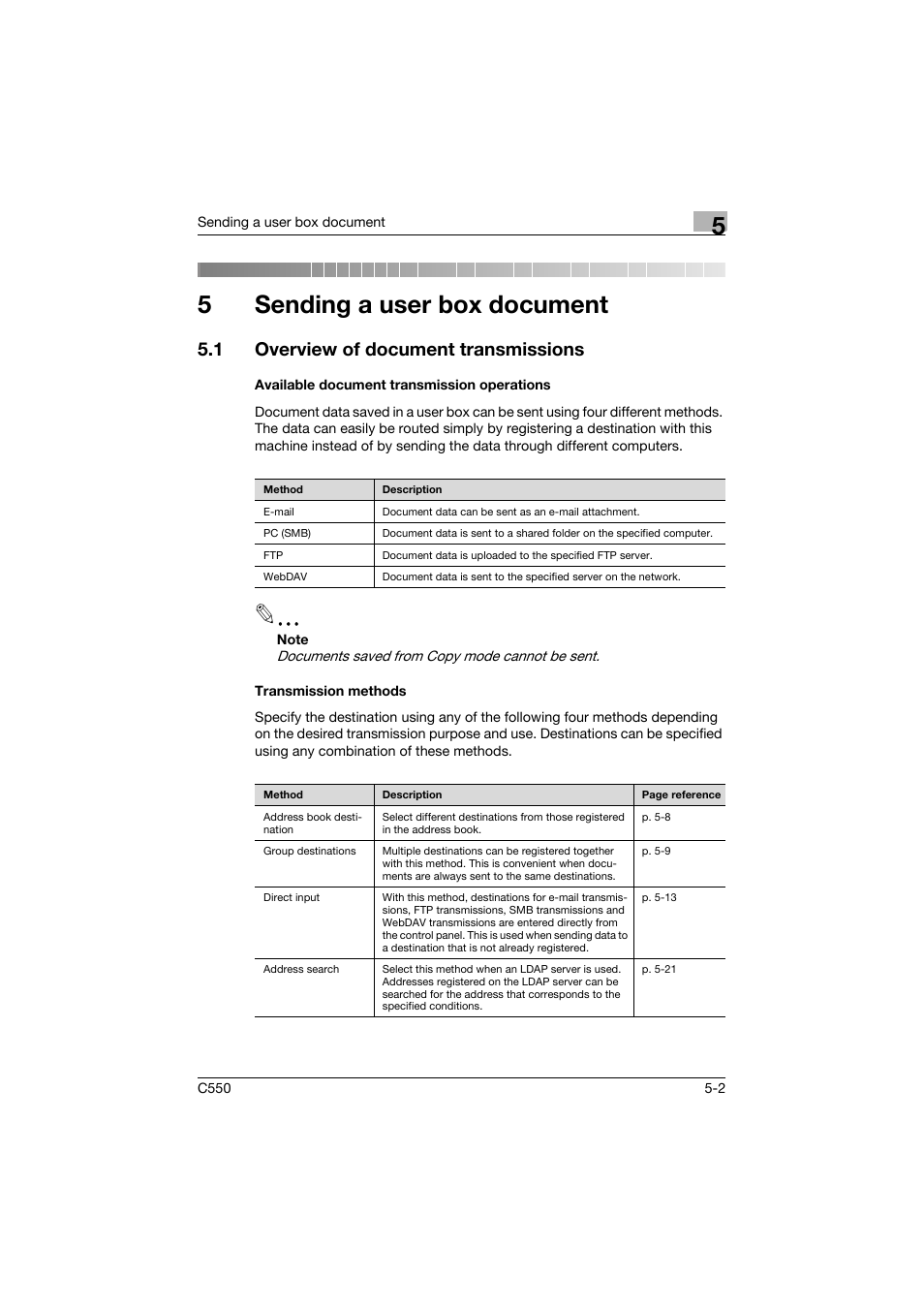 5 sending a user box document, 1 overview of document transmissions, Available document transmission operations | Transmission methods, Sending a user box document, Overview of document transmissions -2, 5sending a user box document | Konica Minolta bizhub C550 User Manual | Page 208 / 359