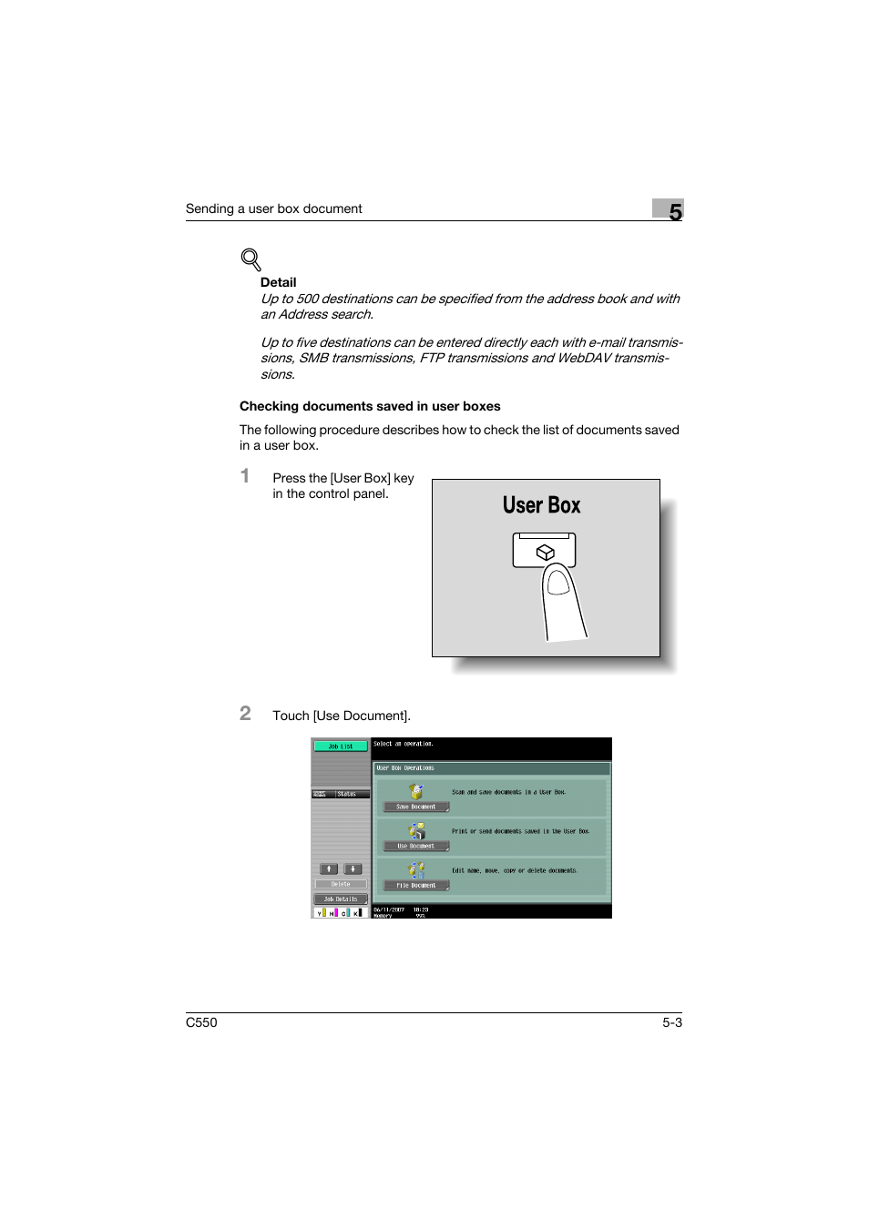 Checking documents saved in user boxes, Checking documents saved in user boxes -3 | Konica Minolta bizhub C550 User Manual | Page 209 / 359