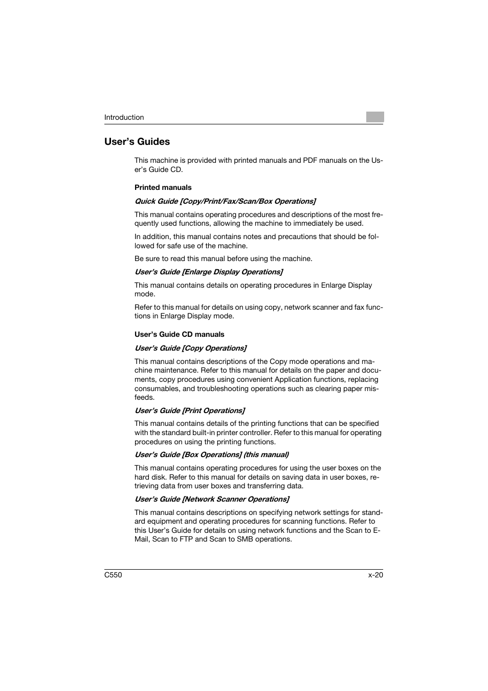 User’s guides, Printed manuals, User’s guide cd manuals | Konica Minolta bizhub C550 User Manual | Page 21 / 359