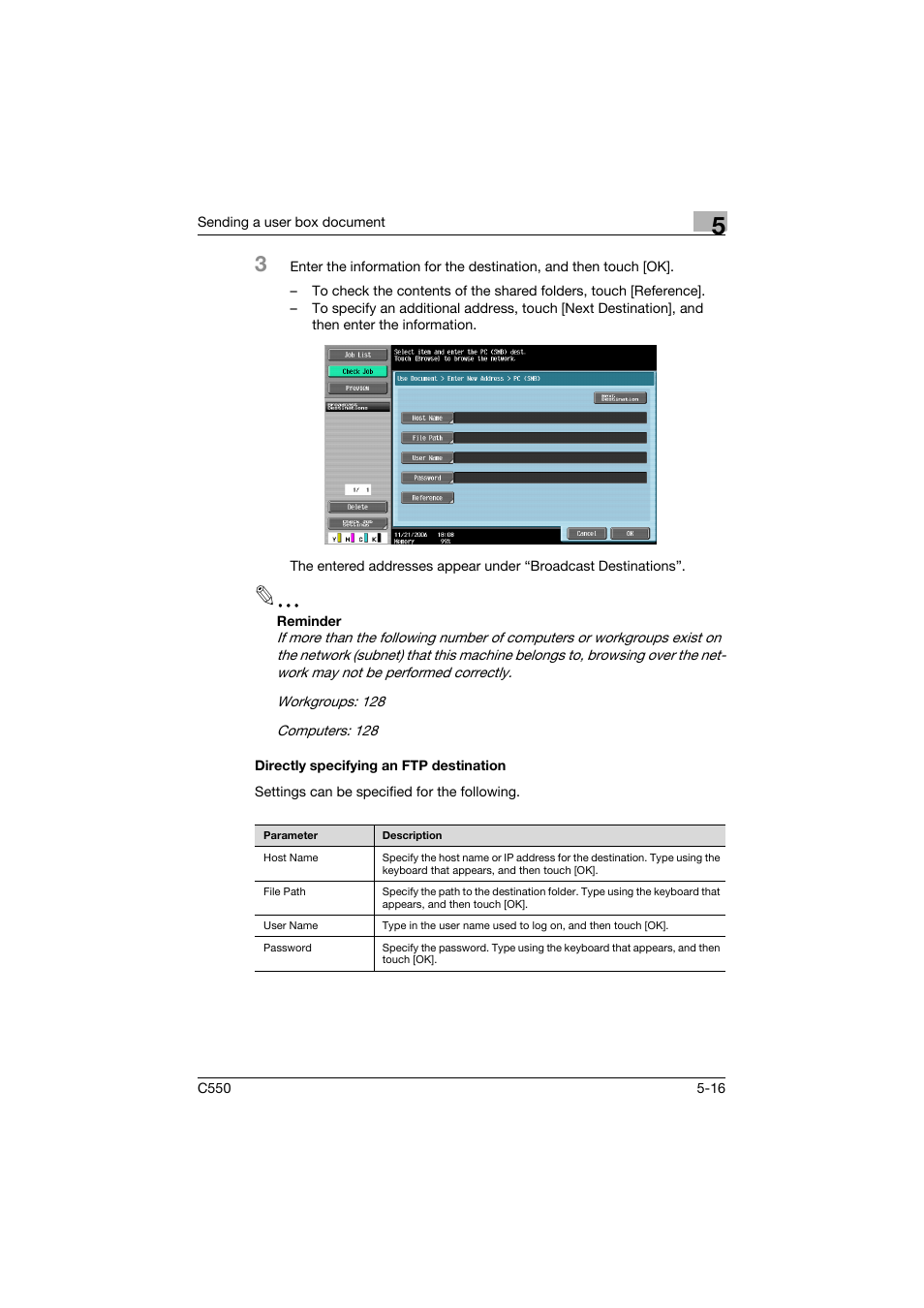 Directly specifying an ftp destination, Directly specifying an ftp destination -16 | Konica Minolta bizhub C550 User Manual | Page 222 / 359