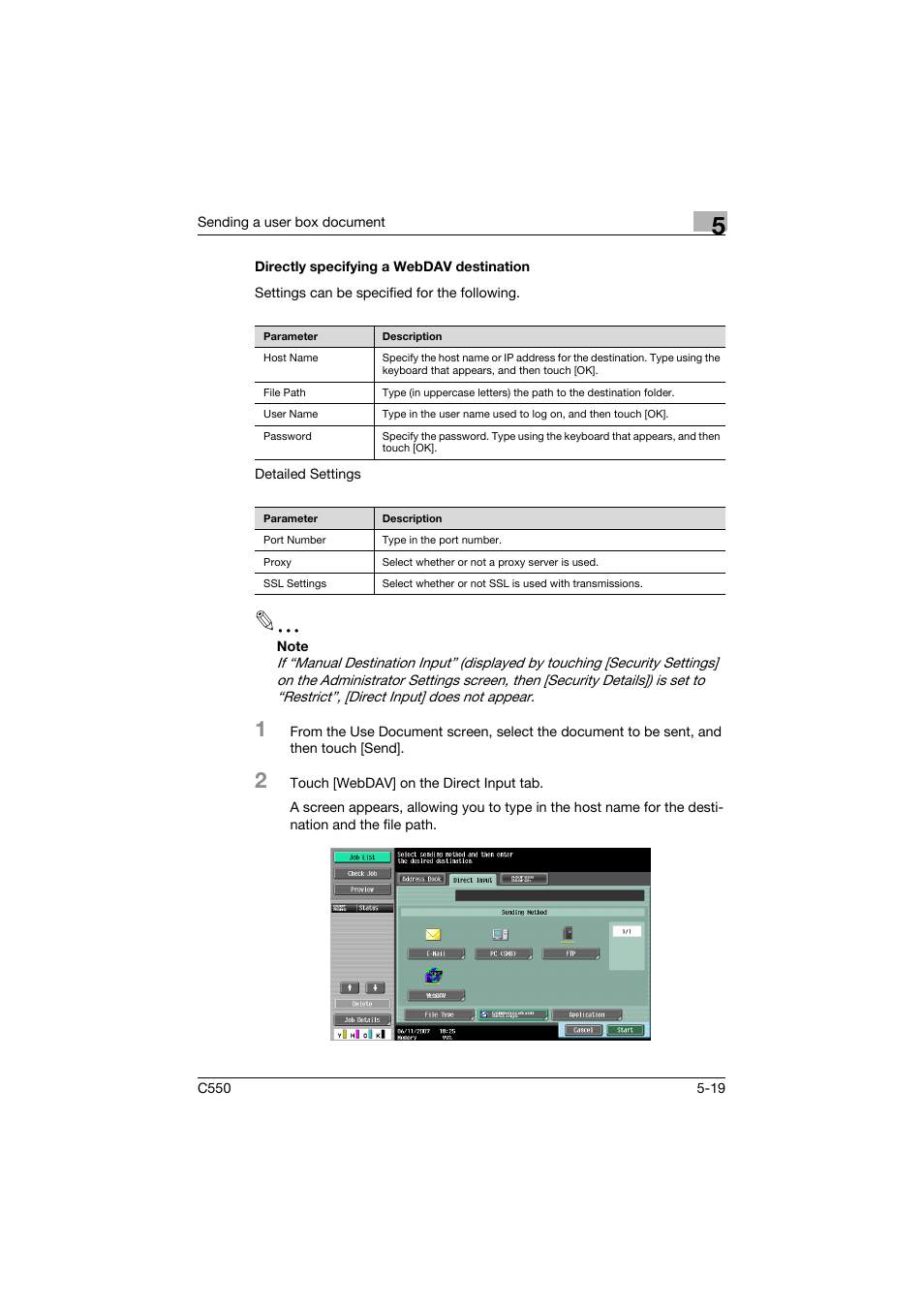 Directly specifying a webdav destination, Directly specifying a webdav destination -19 | Konica Minolta bizhub C550 User Manual | Page 225 / 359