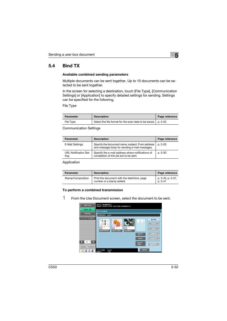 4 bind tx, Available combined sending parameters, To perform a combined transmission | Bind tx -52, P. 5-52 | Konica Minolta bizhub C550 User Manual | Page 258 / 359