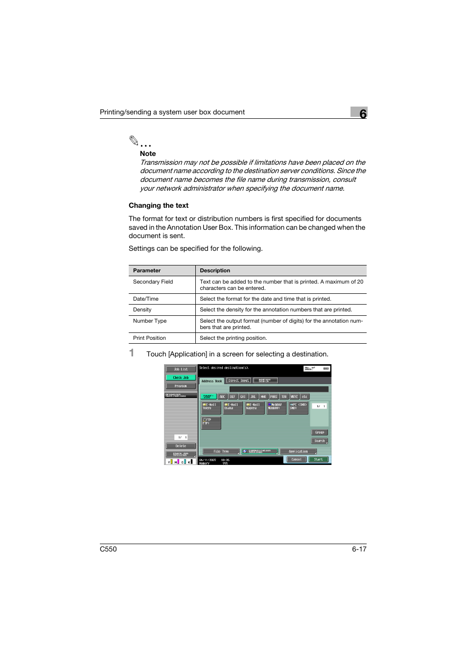 Changing the text, Changing the text -17, P. 6-17 | Konica Minolta bizhub C550 User Manual | Page 281 / 359