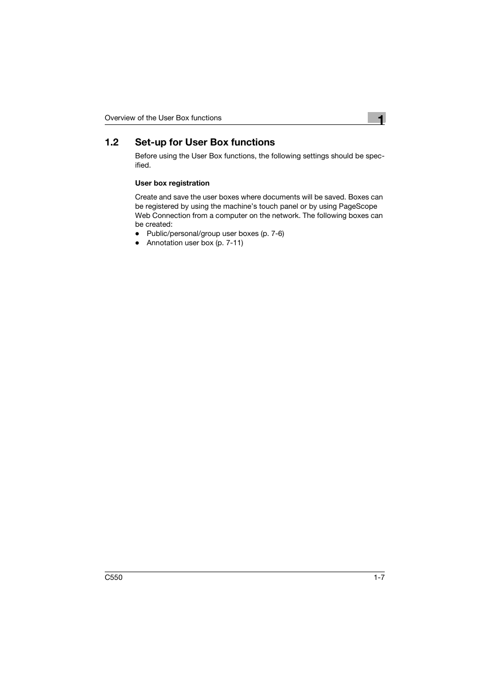 2 set-up for user box functions, User box registration, Set-up for user box functions -7 | User box registration -7 | Konica Minolta bizhub C550 User Manual | Page 29 / 359
