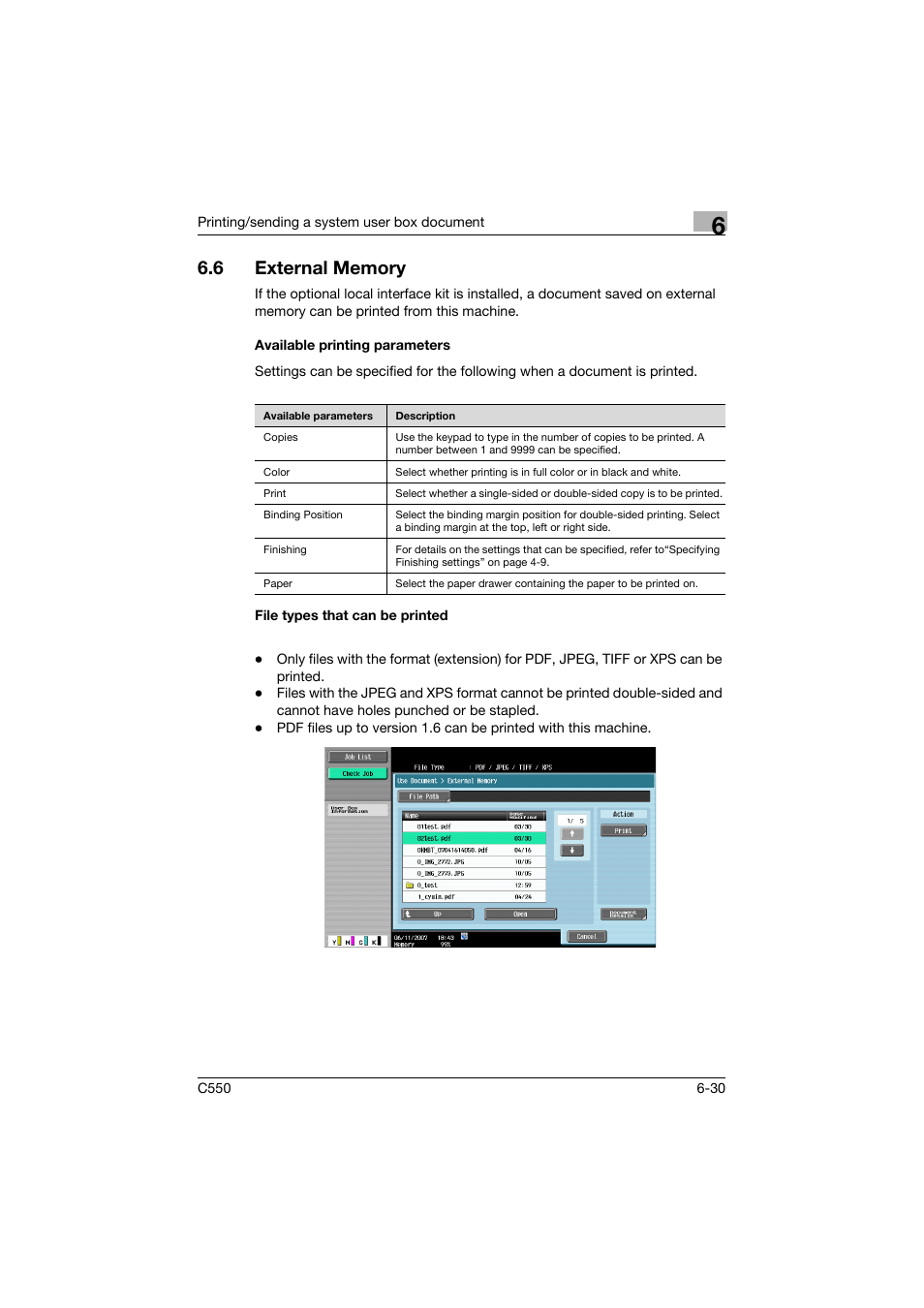 6 external memory, Available printing parameters, File types that can be printed | External memory -30 | Konica Minolta bizhub C550 User Manual | Page 294 / 359